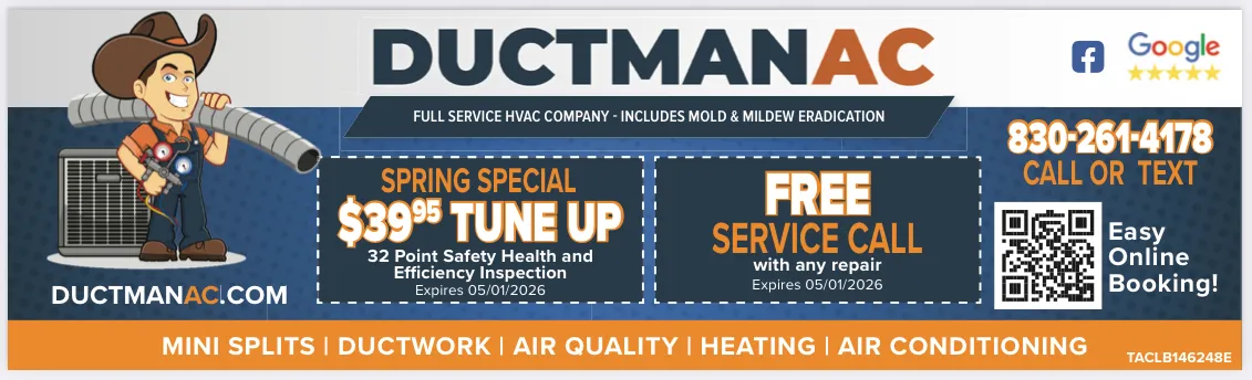 Ductman AC promotional banner offering HVAC spring special tune up, free service call with any repair, and easy online booking for homeowners in New Braunfels and San Antonio, TX