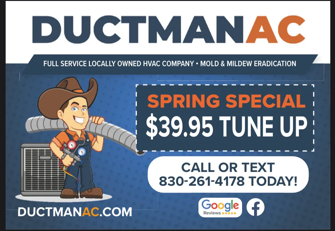 Ductman AC service van providing HVAC repair and installation in New Braunfels and San Antonio, TX.