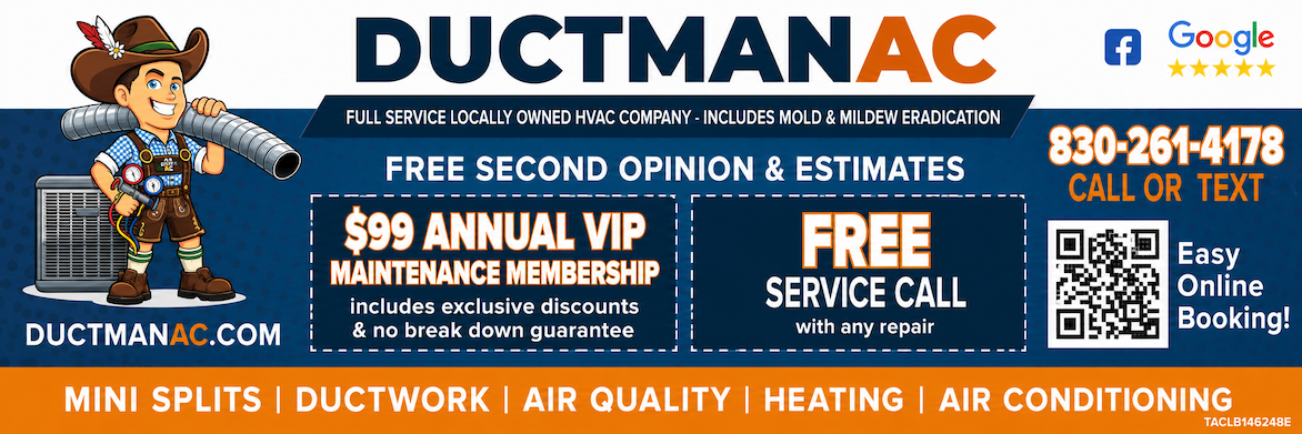 Ductman AC promotional banner offering HVAC spring special tune up, free service call with any repair, and easy online booking for homeowners in New Braunfels and San Antonio, TX