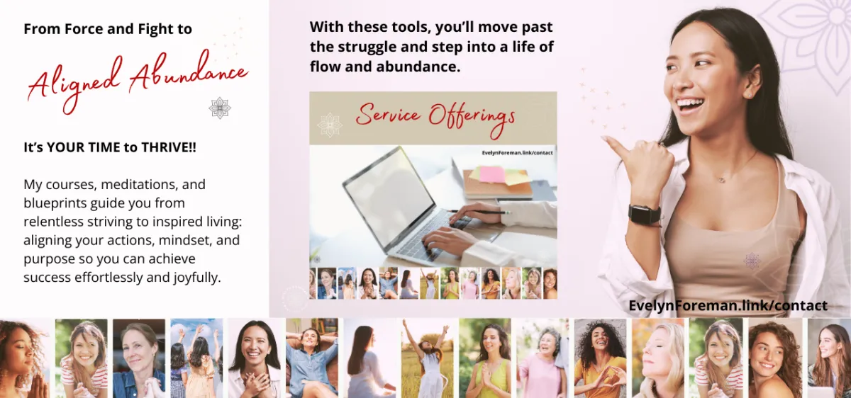 Promotional image for "Aligned Abundance" with text, a person pointing, and collages of individuals