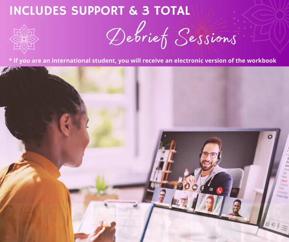 Person in orange shirt during a video call on a laptop with text about support and debrief sessions
