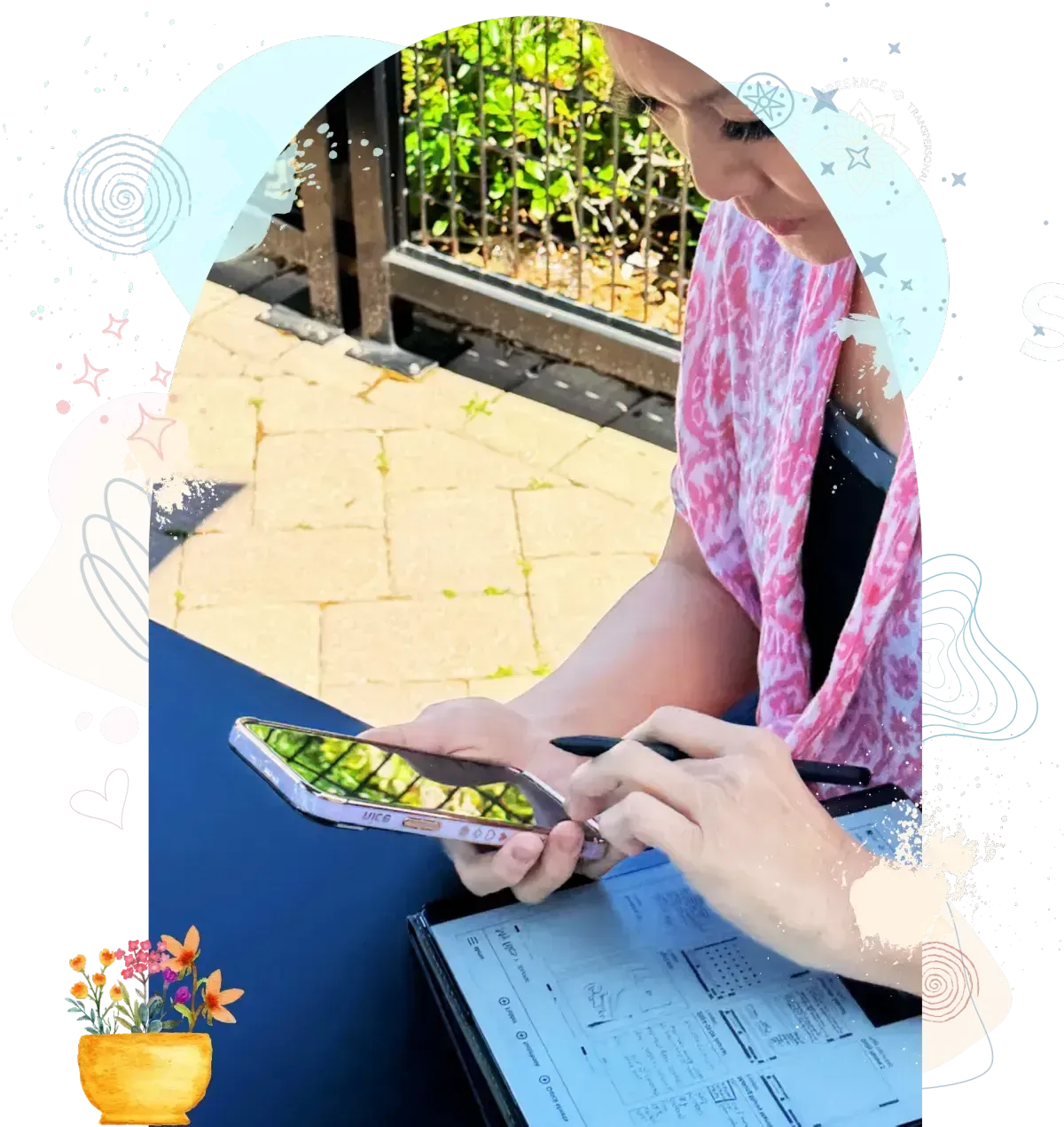 Evelyn Foreman Services Page – Evelyn working mindfully with a journal and pen, embodying wisdom in practice