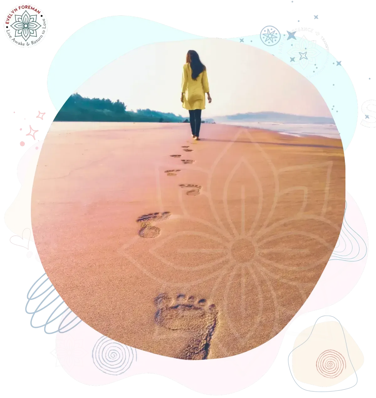 Evelyn Foreman Wealth & Wisdom Summit Page – woman walking mindfully along the beach practicing walking meditation for inner connection