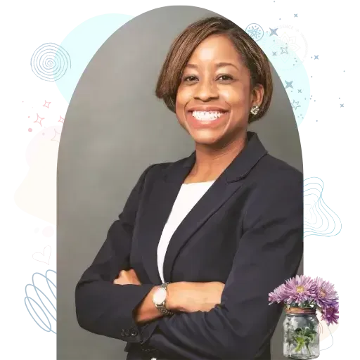 Coaching Page Image – Woman in navy blazer smiling, representing holistic transformation through shadow work and abundance mindset