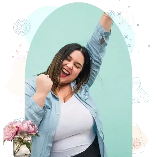 Coaching Page Image – Woman raising hand in excitement, celebrating transformation and breakthrough success