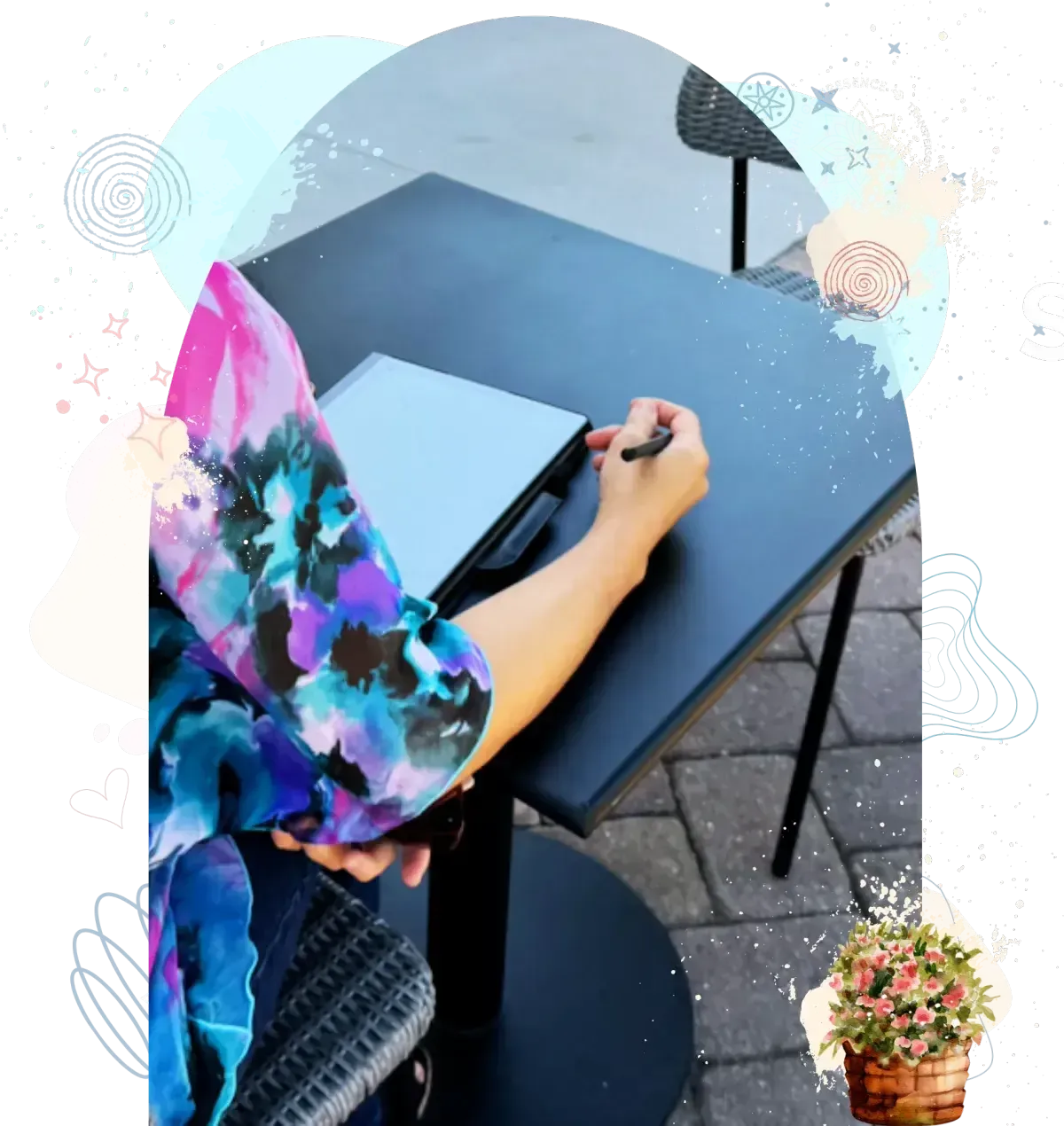 Get Empowered Page Thumbnail – Evelyn from behind working on her iPad, embodying aligned abundance