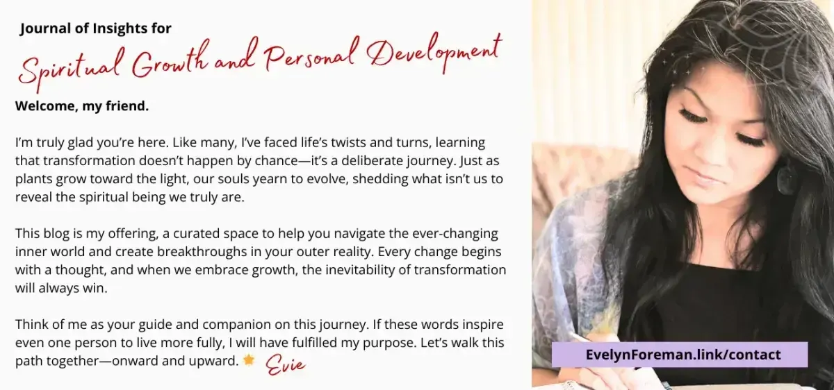 Spiritual Growth Blog Banner – Evelyn reading, welcoming visitors to deepen personal development and inner reflection