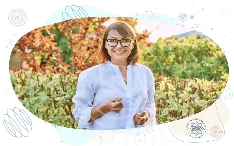 Woman in a flowing white dress smiling softly, symbolizing gentle self-love, shadow healing, and compassionate inner awakening.