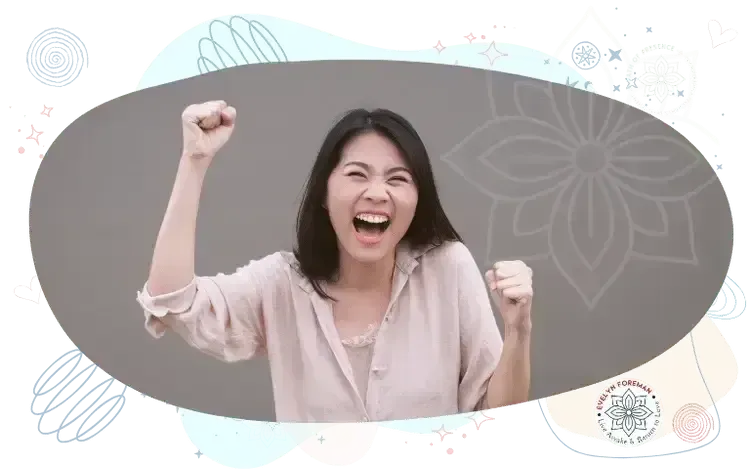 Evelyn Foreman Blog Directory – Five-minute meditation article thumbnail with a joyful woman smiling with hands raised in uplifting energy.