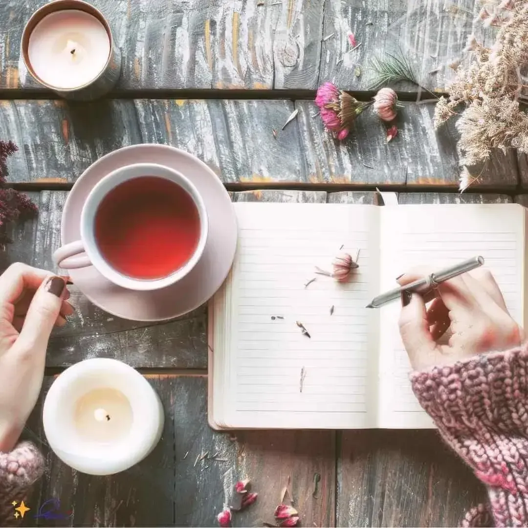 Woman peacefully enjoying tea during a money healing ritual, symbolizing calm, safety, and abundance — Evelyn Foreman.
