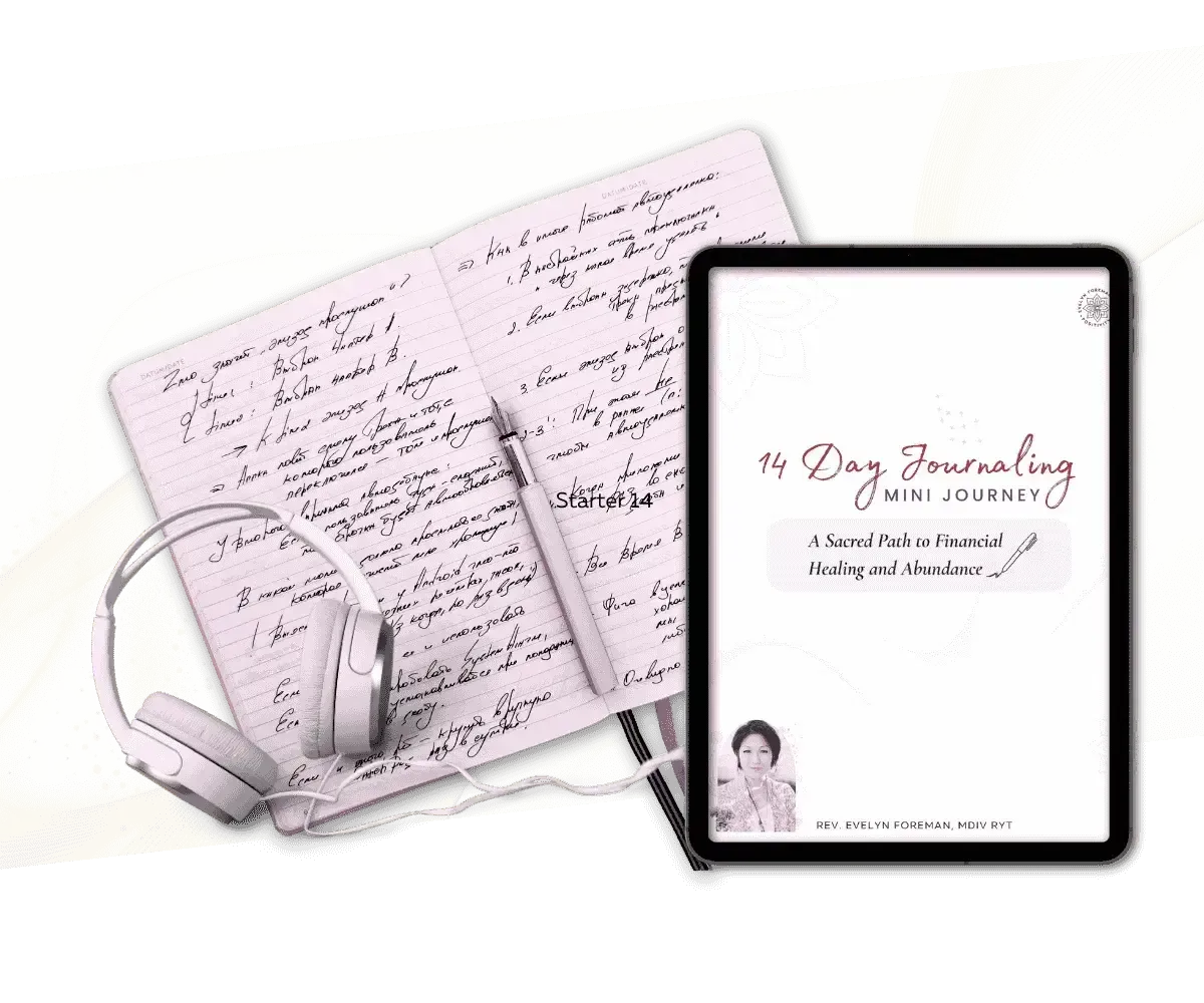 14-Day Money Journaling Course banner with iPad and headphones, inviting calm daily reflection and compassionate money healing.