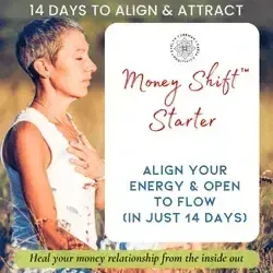 Woman in meditation with hand on heart promoting the 14-Day Money Journaling Mini Journey for gentle money healing and emotional clarity.