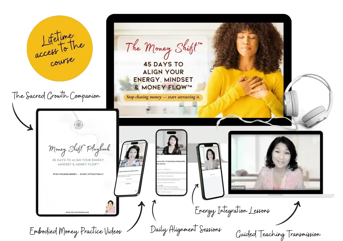 iPad, phone, laptop, and tablet displaying course materials, showcasing the full Money Shift 45-Day Energetic Money Flow Program.