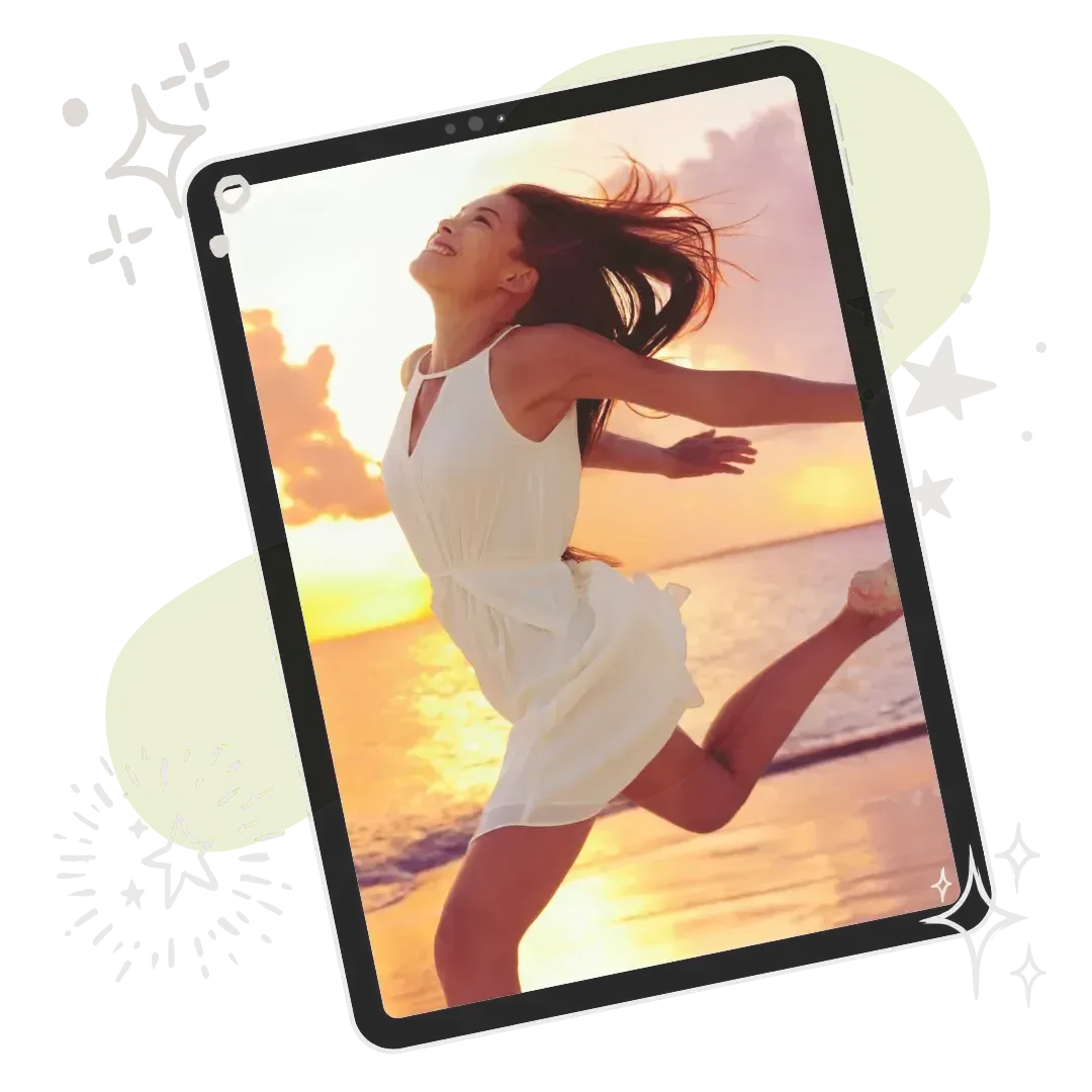 Woman running joyfully by the sea, expressing freedom, confidence, and expansive abundance.