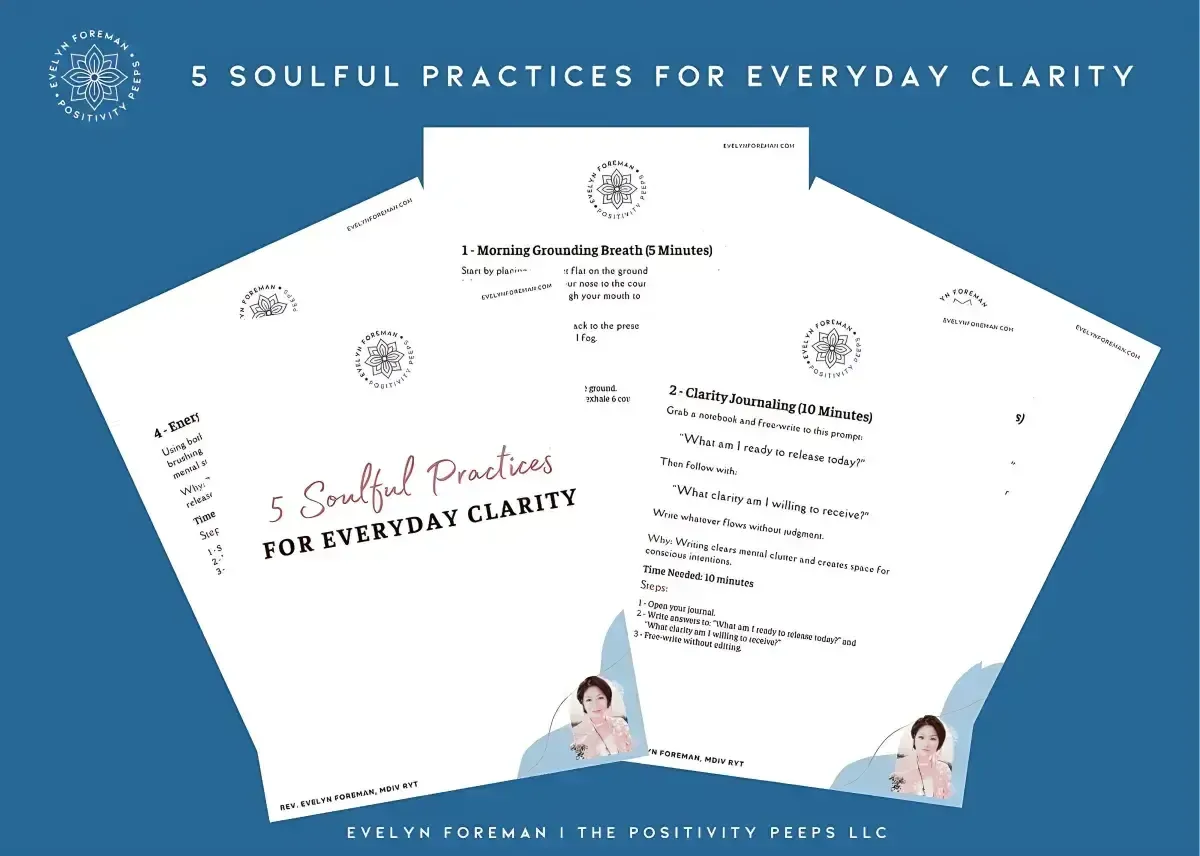 Five Soulful Practices funnel opt-in banner showing pages of the PDF guide, inviting visitors to explore daily soulful practices for inner alignment, calm, and spiritual connection with Evelyn Foreman