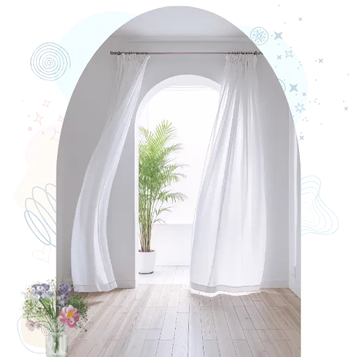 Sheer white curtains opening to soft daylight in a calm interior space, representing a gentle threshold and spacious entry.