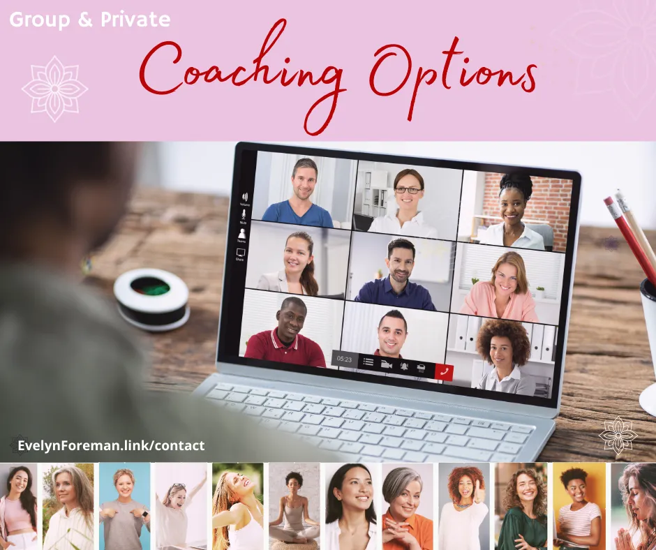 coaching options showing a laptop with a video call and diverse participant thumbnails.