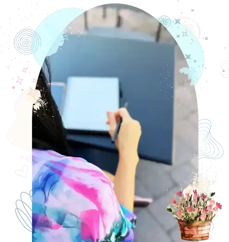 Person taking notes with abstract digital decorations and a flower pot overlay