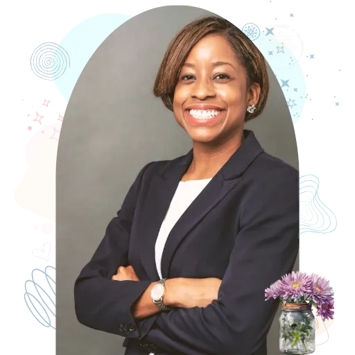 Woman in a navy blazer with crossed arms