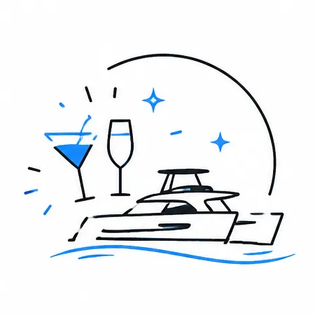Stag and Hen Parties icon: minimalist catamaran with clinking glasses and party hat, two-tone outline