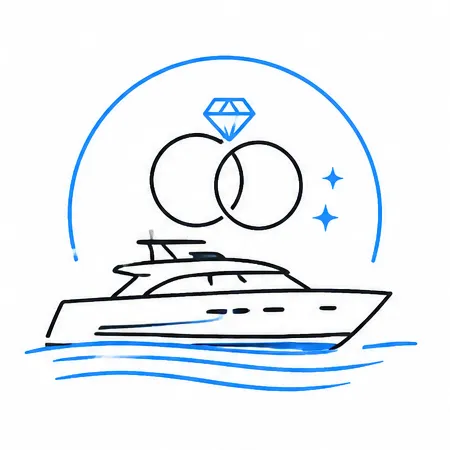 Weddings and Christenings icon: catamaran with wedding rings and baby halo, two-tone outline
