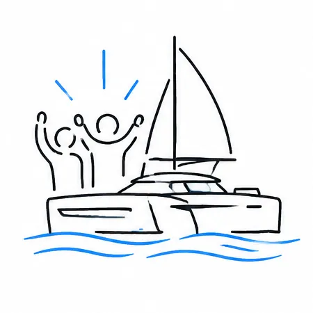Company Events icon: catamaran with three abstract people and subtle confetti/briefcase hint, two-tone outline