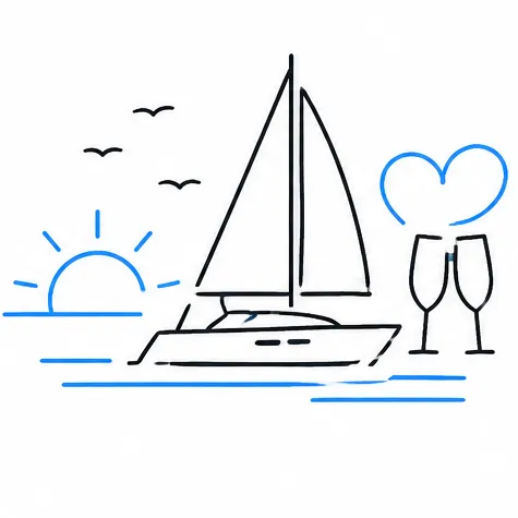 Romantic Relaxation icon: catamaran with couple silhouette and heart/sunset, two-tone outline