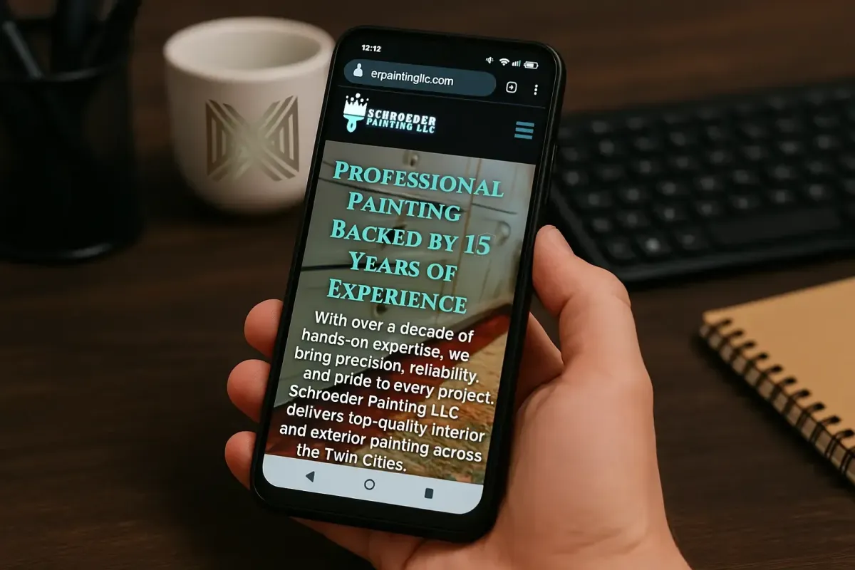Hand holding a smartphone displaying a mobile-responsive website, with a coffee cup featuring The Site Rescue logo in the background