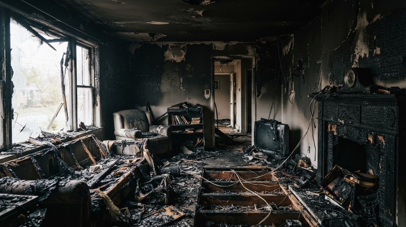 Homeowner meeting with public adjuster reviewing fire damage documents