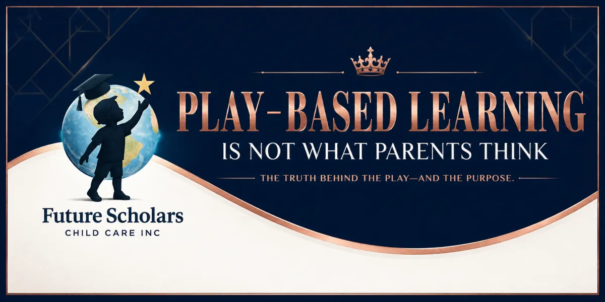 Play-Based Learning Is Not What Parents Think blog header from Future Scholars Child Care highlighting intentional teaching, child development, and purposeful learning through play.