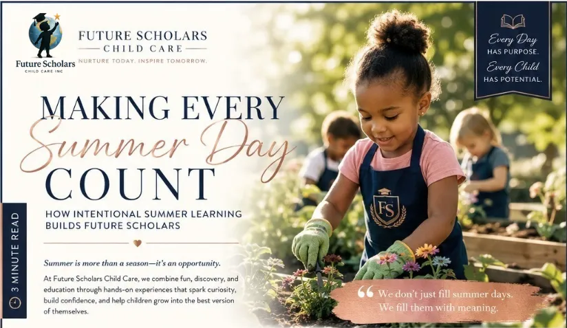 Young child gardening during an outdoor summer learning activity at Future Scholars Child Care