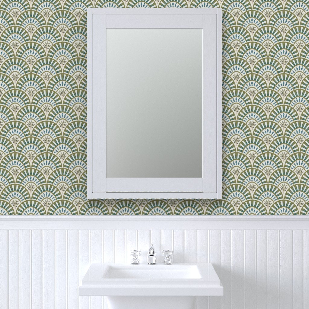 Muted teal and olive Art Deco arch wallpaper used as a bathroom accent wall above white beadboard, with a framed mirror and sink.