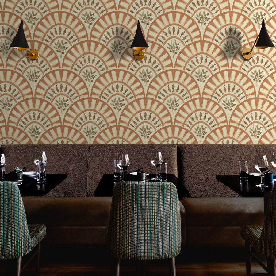 Large-scale fan arch botanical wallpaper in a muted terracotta, sage and cream palette, styled as a restaurant feature wall.