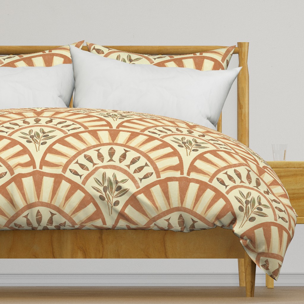 Terracotta, cream, and olive geometric bedding with Art Deco arches, fish, and botanical details in a warm bedroom setting.