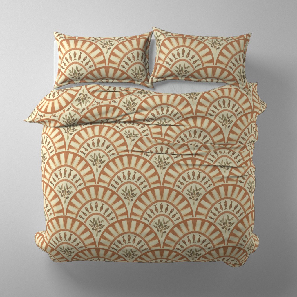 Matching duvet cover and pillow shams with a terracotta, cream, and olive geometric arch print for layered bedroom decor.