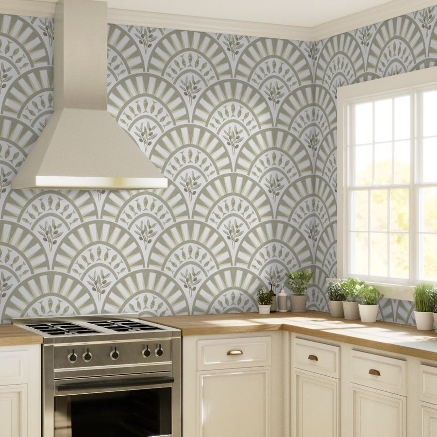 Muted sage and ivory botanical geometric wallpaper used on kitchen walls with fan arch repeats and a calm heritage-inspired look.