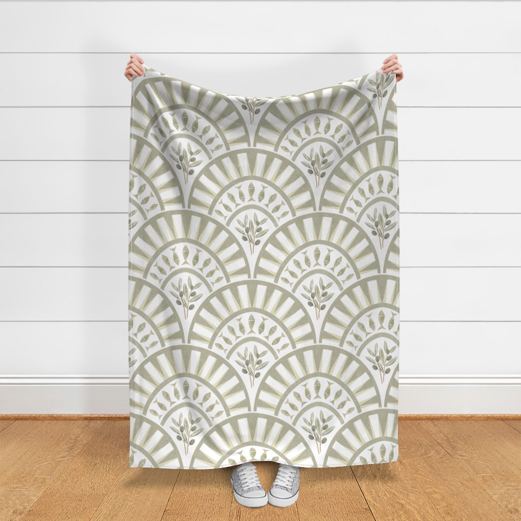 Muted sage and ivory geometric botanical fabric with Art Deco fan arches, shown as a large-scale home decor textile.