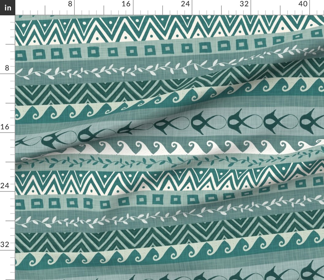 Teal and cream coastal geometric stripe with chevrons, wave curls, leafy vines, squares, and abstract fish on a fabric sample.