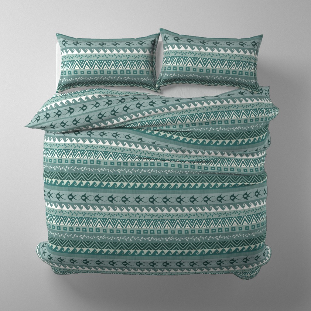 Teal coastal stripe duvet cover with waves, vines, chevrons, squares, and abstract fish.