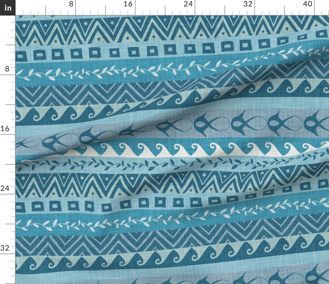 Large-scale teal coastal stripe fabric with ocean fish, wave borders, geometric bands, and a soft linen-look surface.