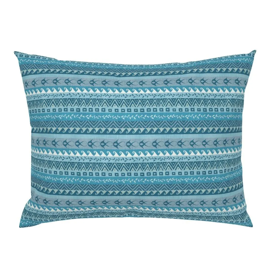Muted teal and aqua coastal geometric stripe pillow sham with ocean fish, wave borders, chevrons, and linen-look texture.