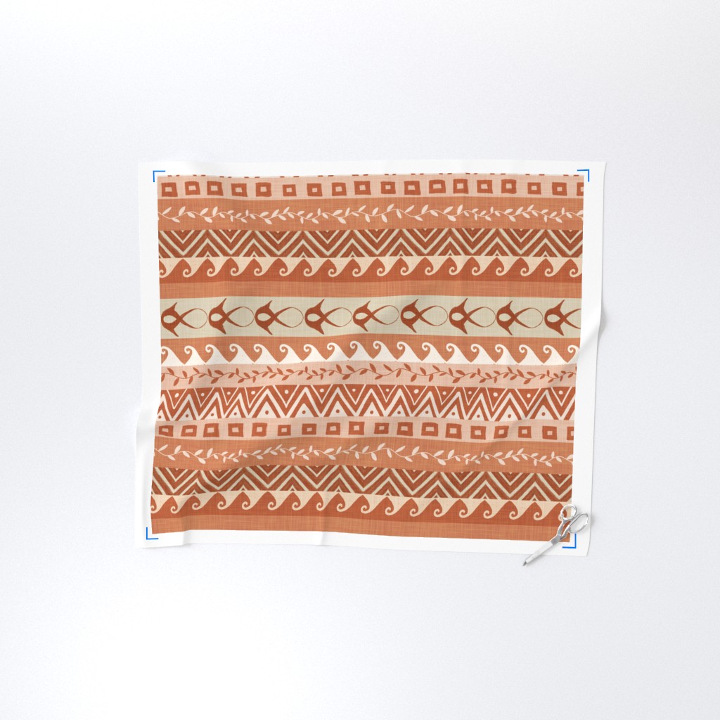 Earthy terracotta and cream geometric stripe textile with a folk-inspired layout, suited to layered boho or Southwest home decor.