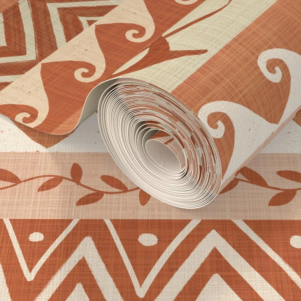 Textured terracotta and cream geometric stripe wallpaper roll with a faux grasscloth look for warm boho or Southwest interiors.