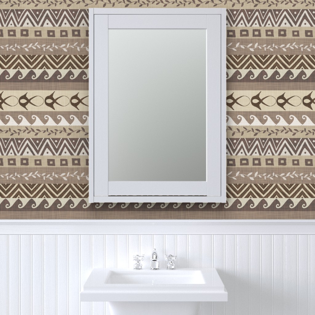 Muted taupe geometric stripe wallpaper creates a neutral bathroom accent wall above white beadboard and a simple vanity.