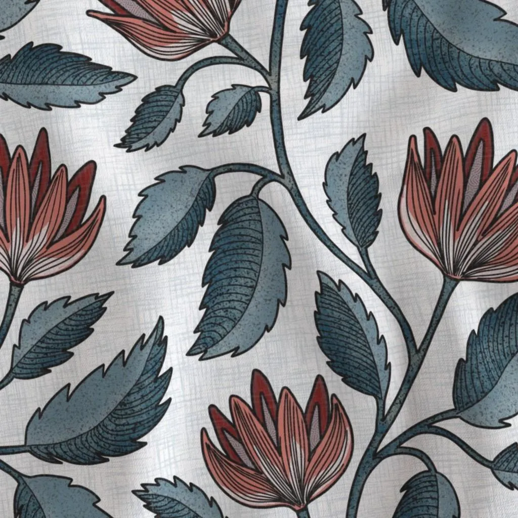 Hand drawn floral vine with muted rust blooms, blue green leaves, and black linework, shown close up on textured fabric.