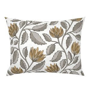 Muted ochre and gray botanical pillow sham with a hand drawn floral repeat, suited to cottage, farmhouse, and layered home decor styling.