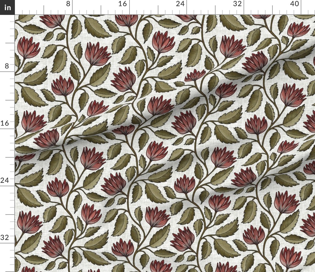Vintage botanical floral repeat with mauve pink flowers, olive leaves, and brown vines on a white textured ground.