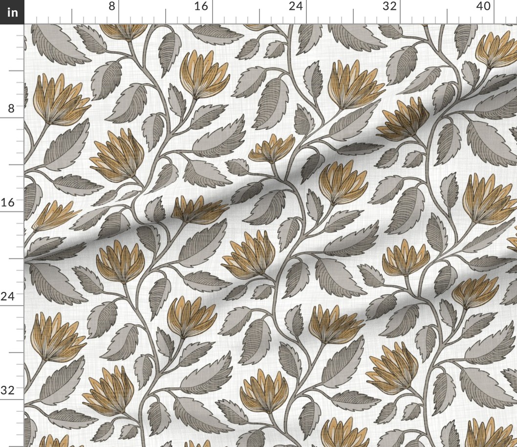 Muted ochre and gray botanical vine repeat with a textured white ground, shown as a flat pattern preview for layered home decor.