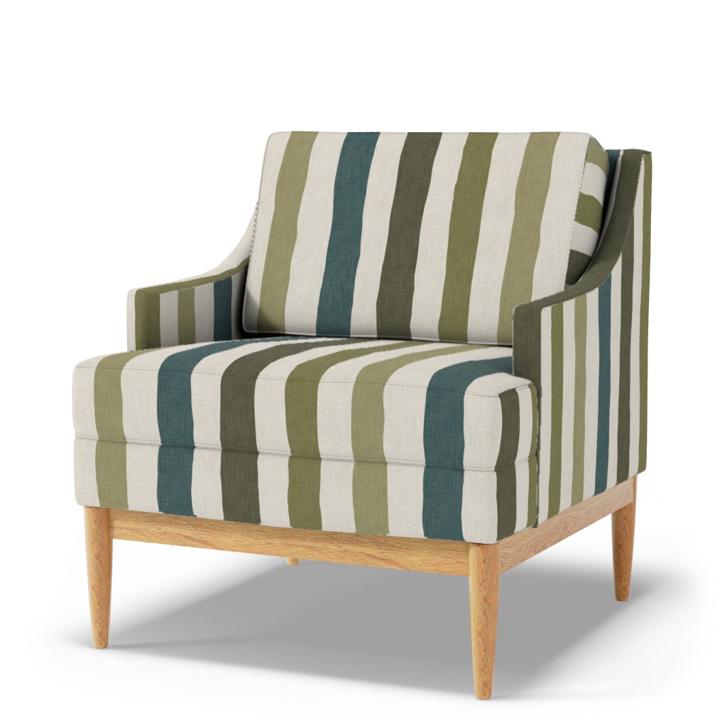 Muted olive, sage, teal, and cream striped upholstery on an accent chair, suited to coastal, cottage, or modern rustic decor.