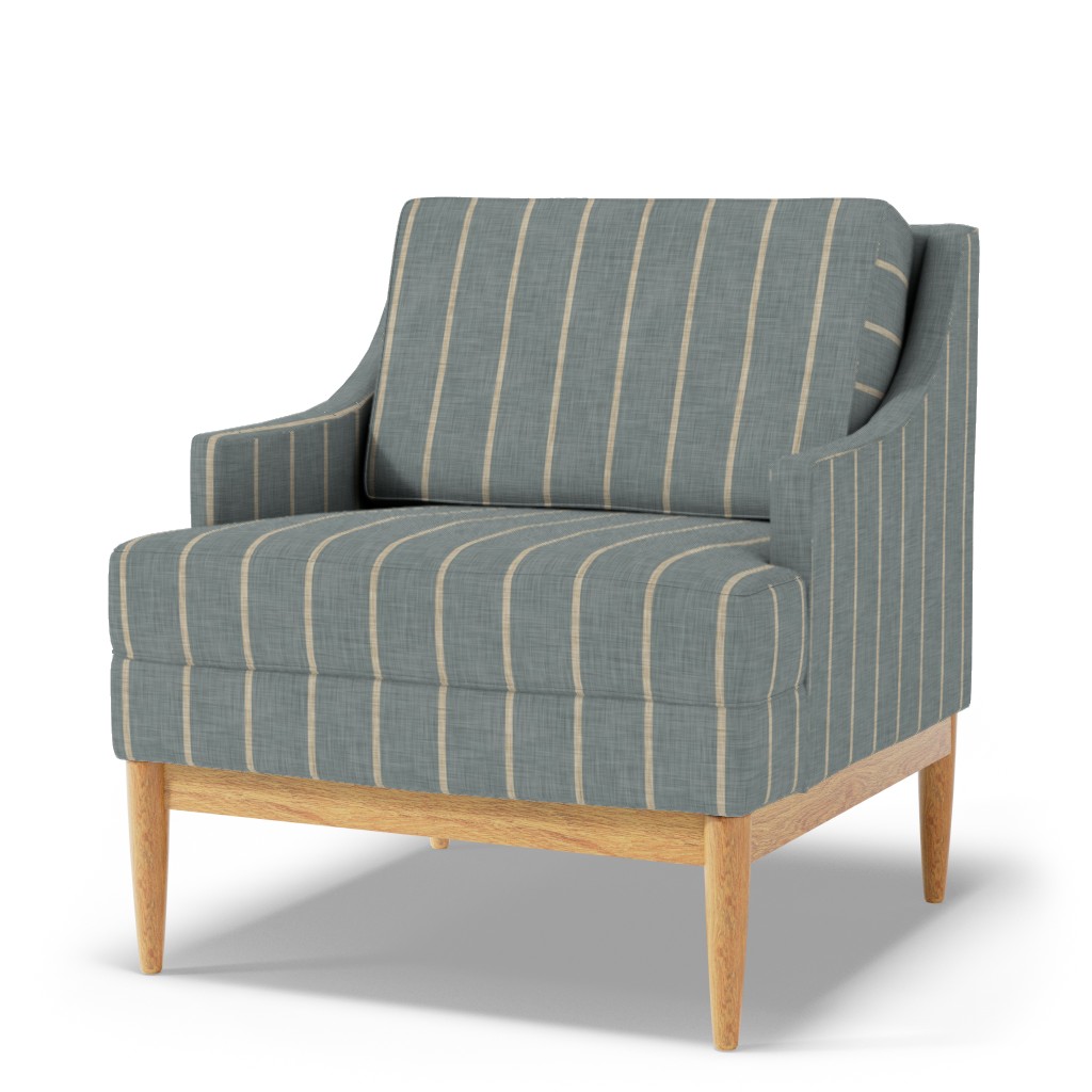 Blue gray linen-look vertical stripe upholstery on a modern armchair with beige lines, curved arms, cushion seat, and natural wood legs.